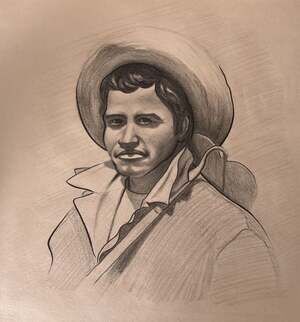 Vintage Graphite Pencil Portrait Drawing of a Man in a Wide-Brimmed Hat